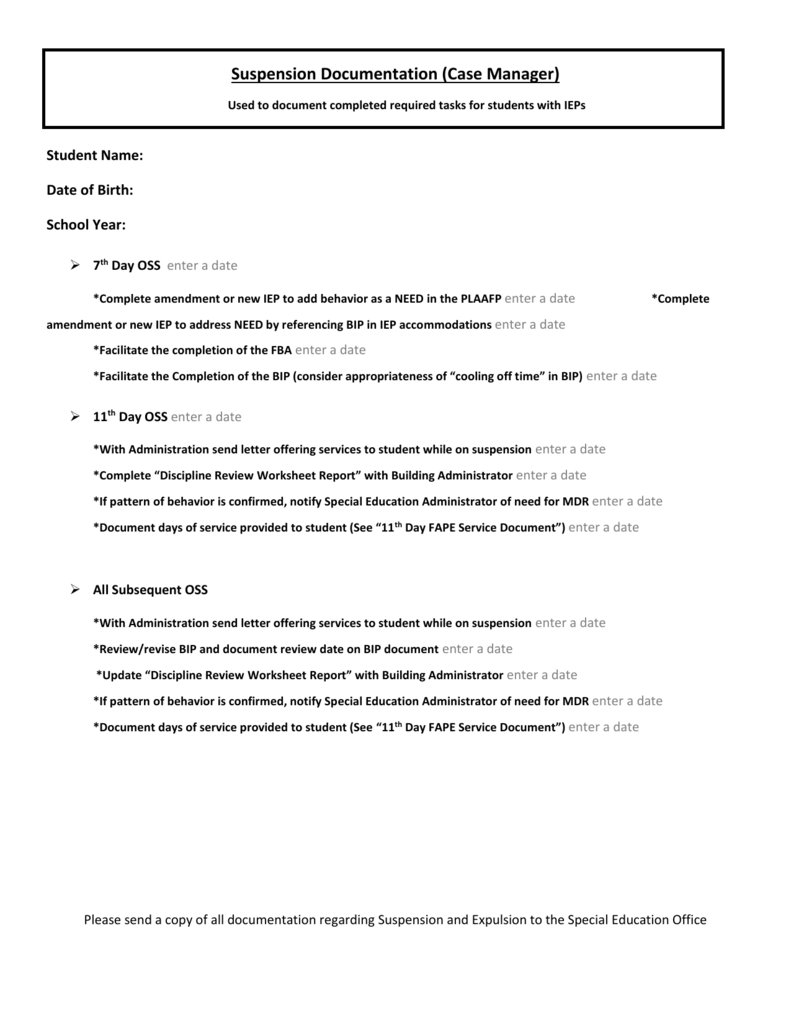 Suspension Documentation (Case Manager) In In School Suspension Worksheet