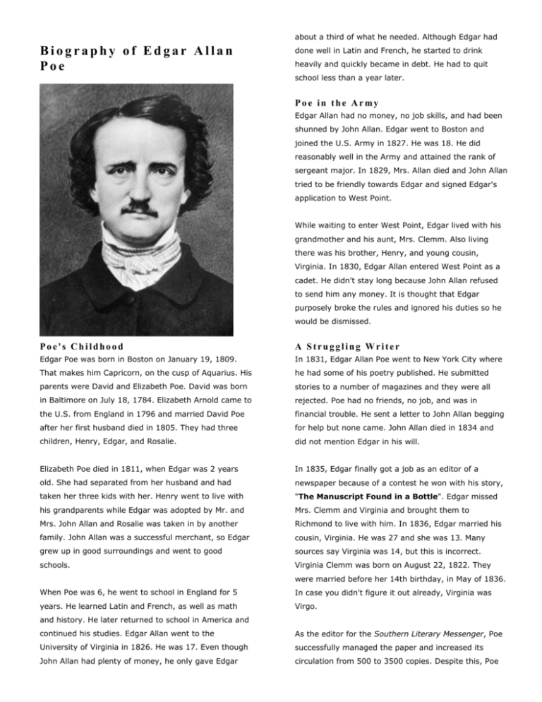 edgar allan poe biography with questions