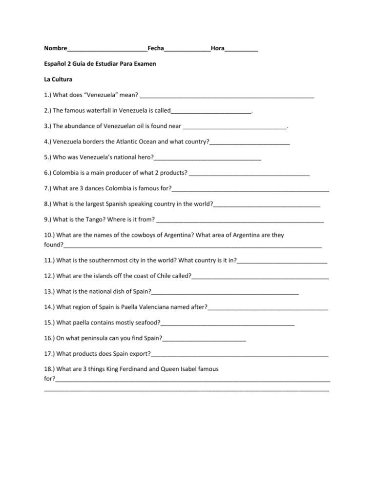 Final exam spanish 2 study guide Final exam spanish 2 study guide