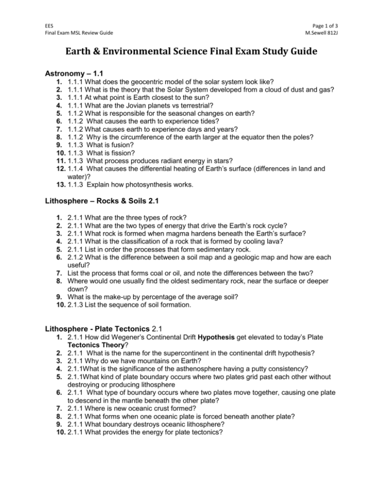 Earth Environmental Science Final Exam Study Guide