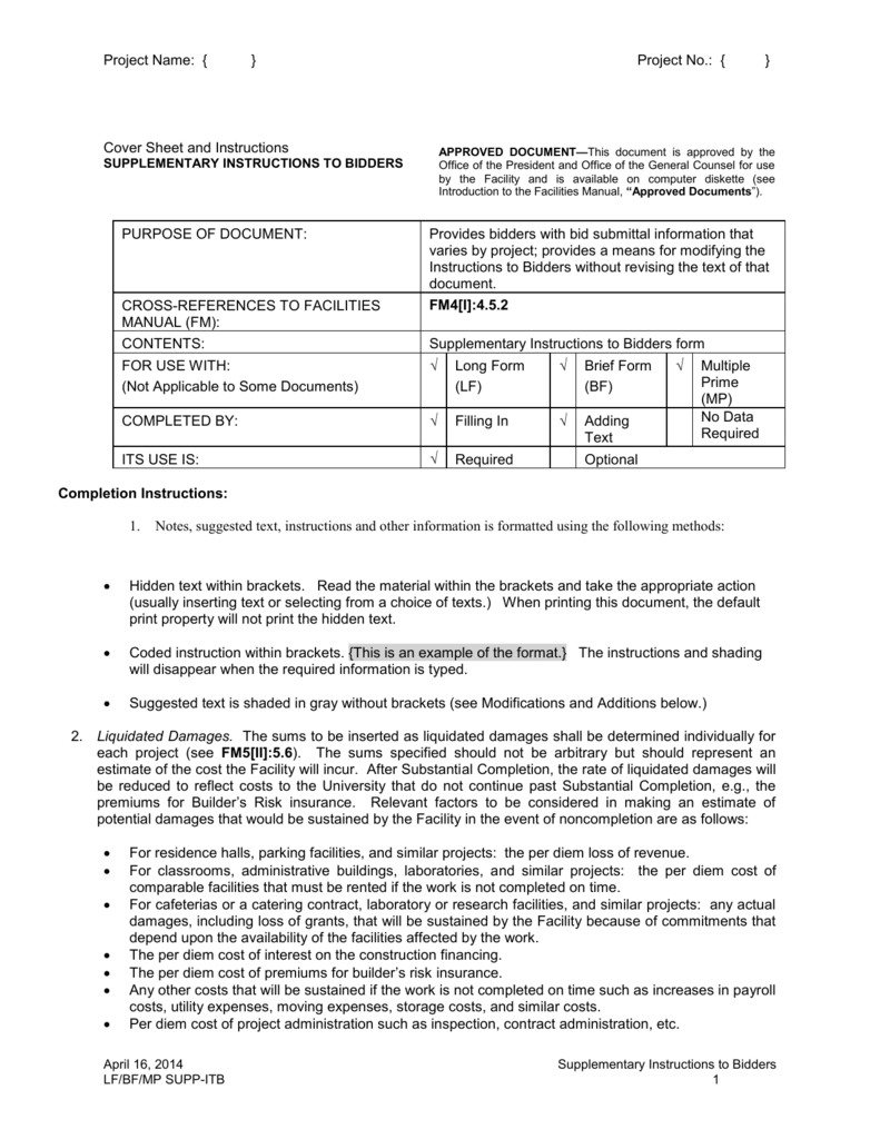 Supplementary Instructions To Bidders