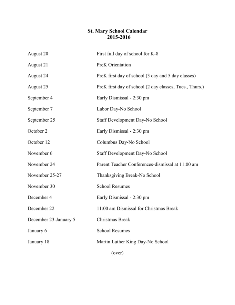 St Mary School Calendar 2015 2016