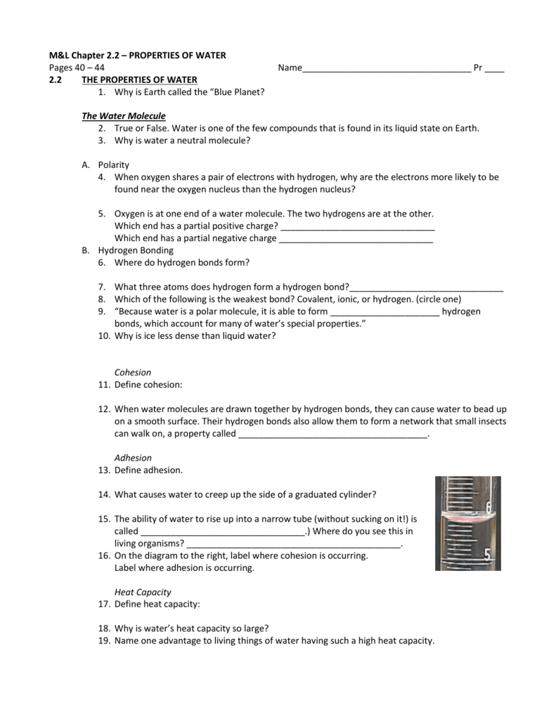 M&L Chapter 200.200 – PROPERTIES OF WATER Pages 20 – 20 In Properties Of Water Worksheet Answers