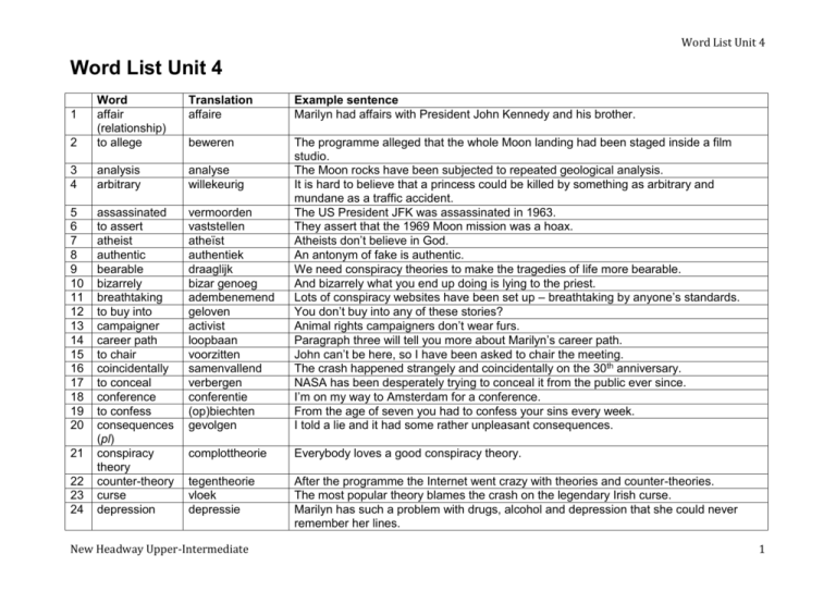 Wordlist Unit 4