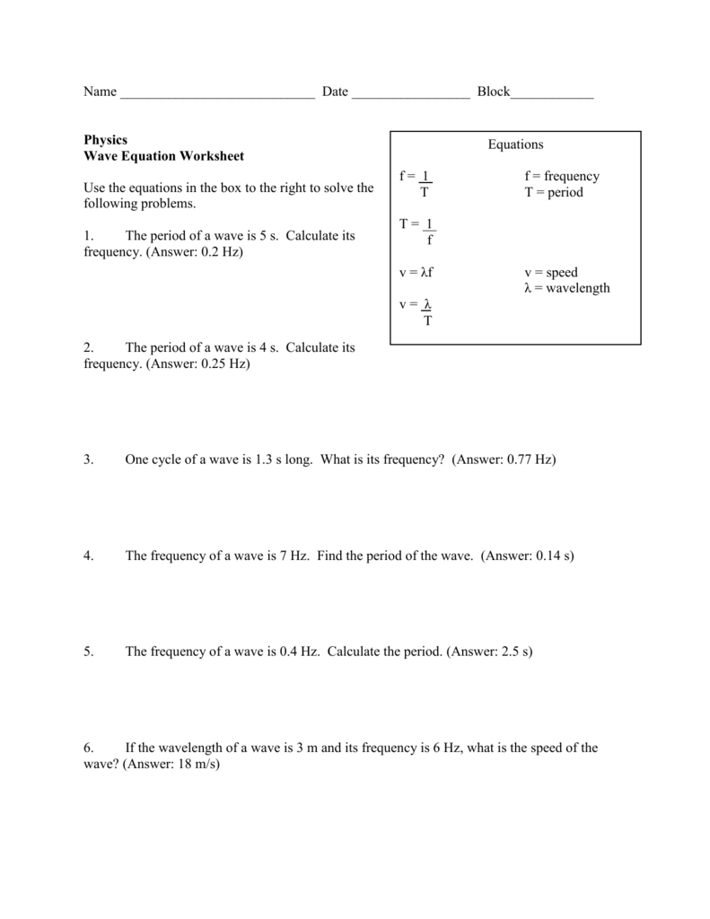 Spice Of Lyfe Physics Wave Equation Worksheet Answer Key