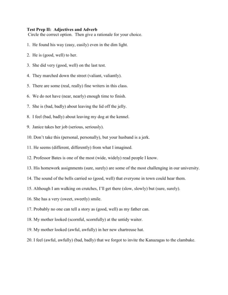 Worksheet 1 On Chapters 11 12 Adjectives And Adverb