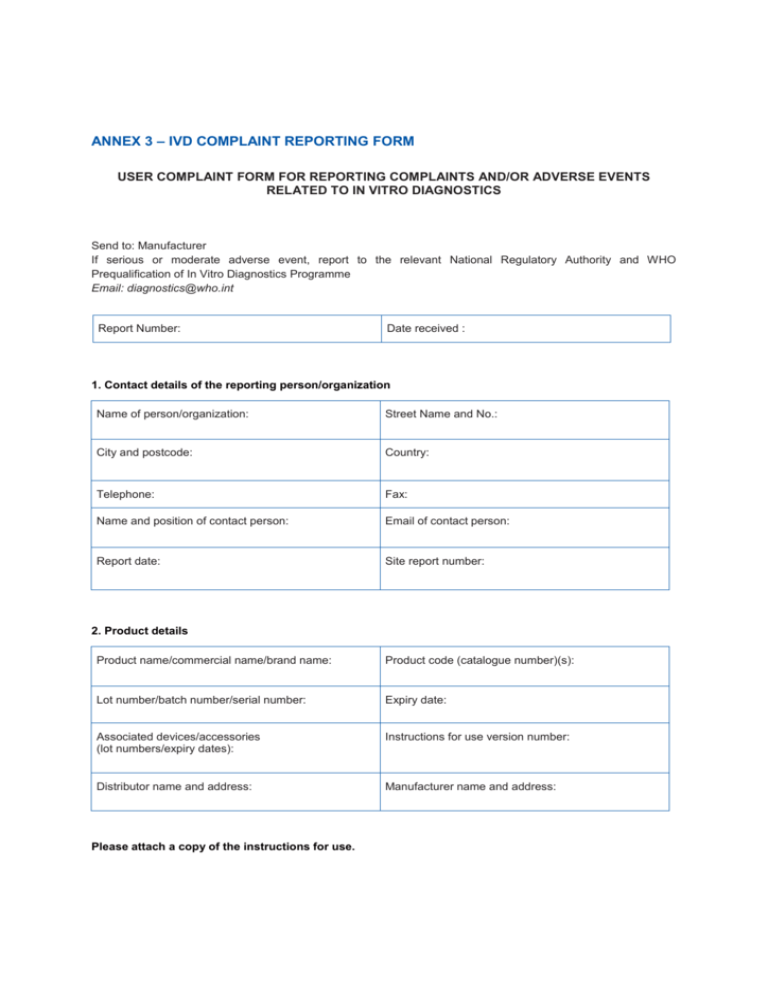 ANNEX 3 – IVD COMPLAINT REPORTING FORM USER