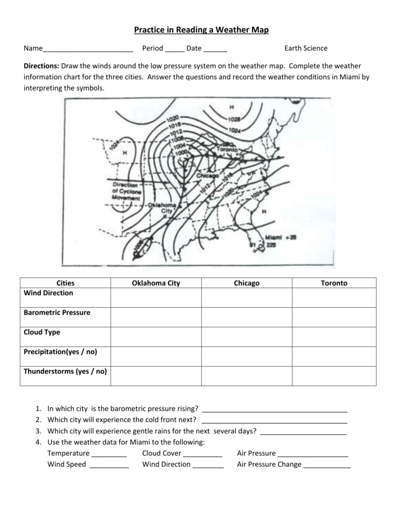 Practice in Reading a Weather Map Within Weather Map Symbols Worksheet