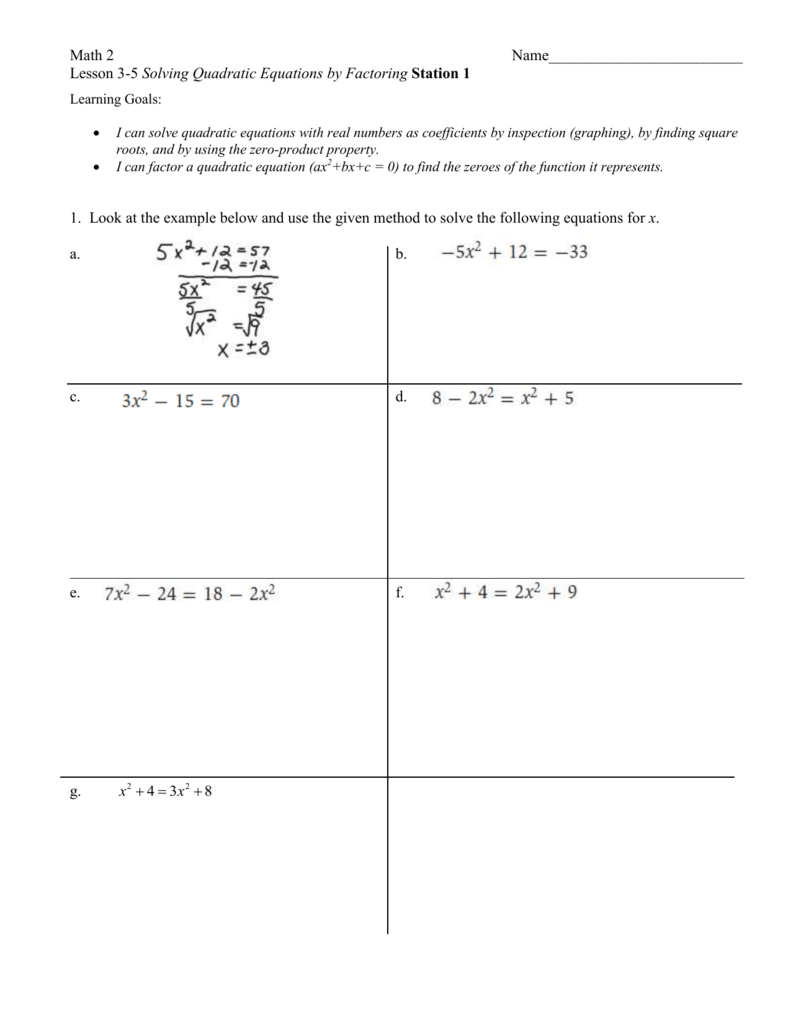 22-22 Solving Quadratic Equations by Factoring STATIONS Inside Solving Equations By Factoring Worksheet