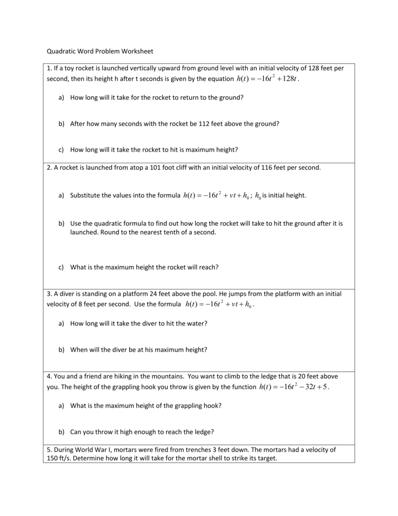 Quadratic Word Problems For Quadratic Word Problems Worksheet