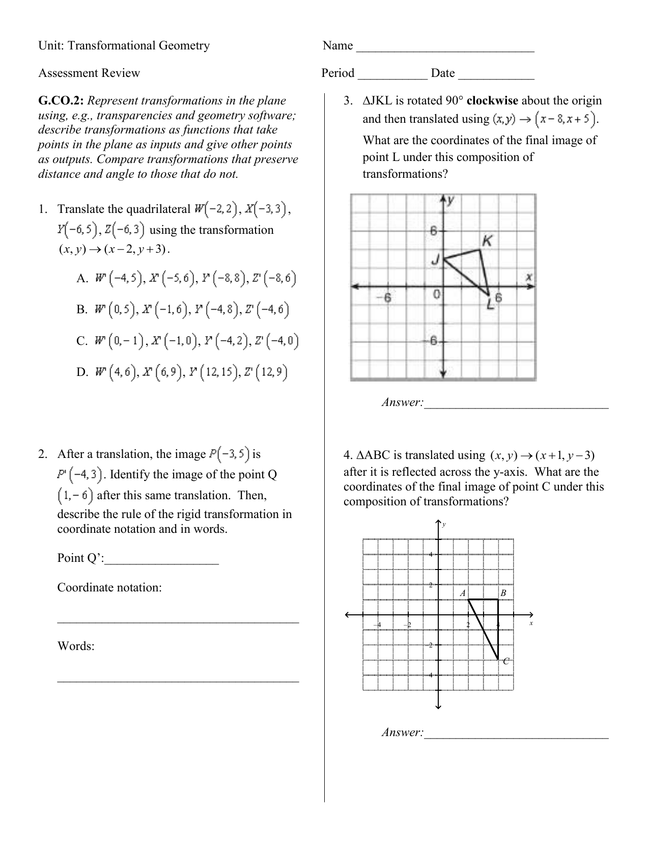 Unit Transformational Geometry Name Assessment Review Period