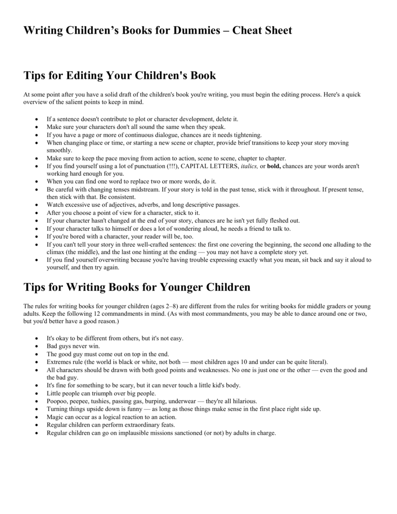 Writing Children`s Books for Dummies – Cheat Sheet