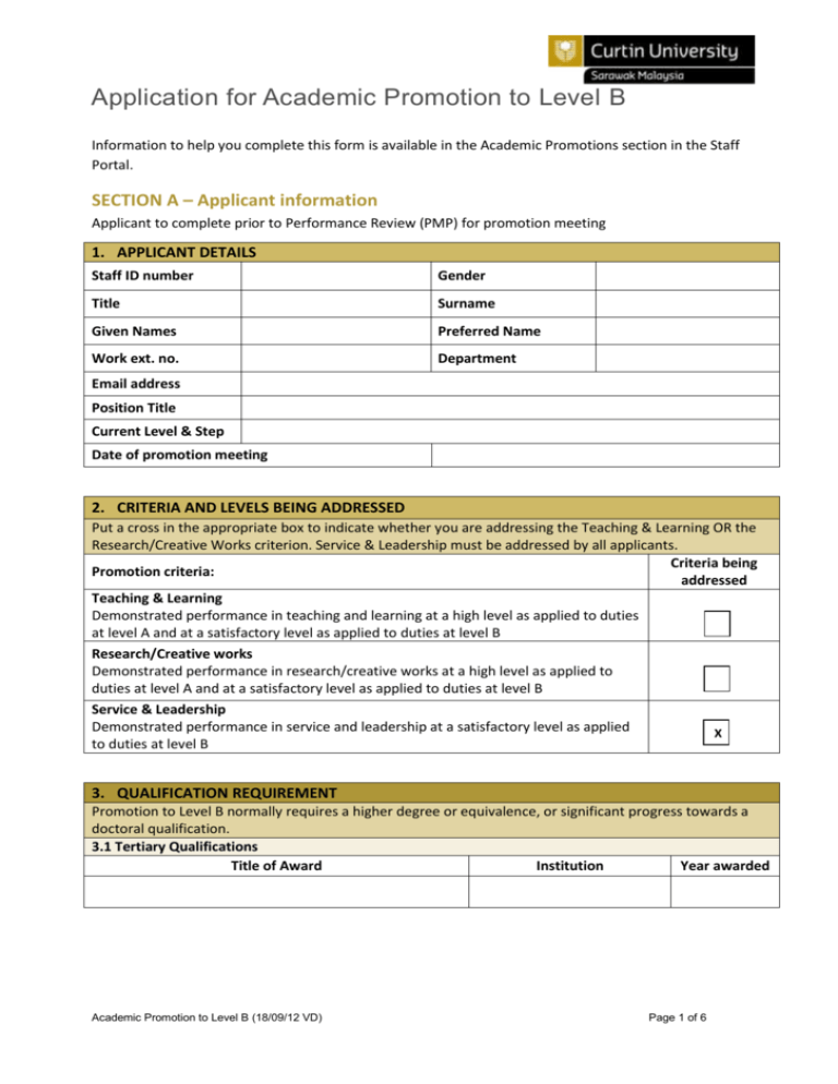 Application For Academic Promotion To Level B