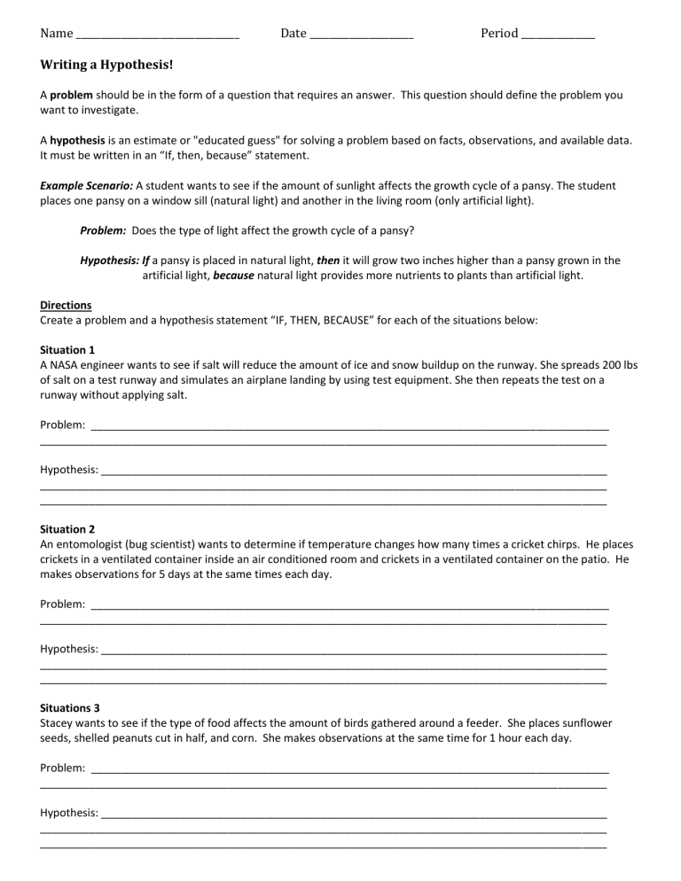 Problem Hypothesis And Variables Worksheet