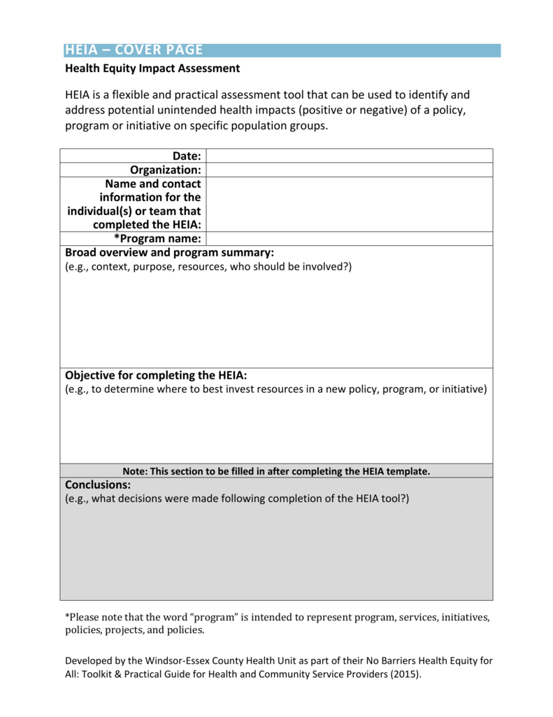Editable Word Document of the Health Equity Impact Assessment Within Community Service Template Word
