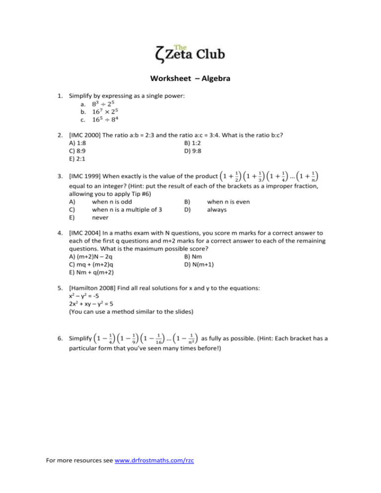 Algebra Worksheet