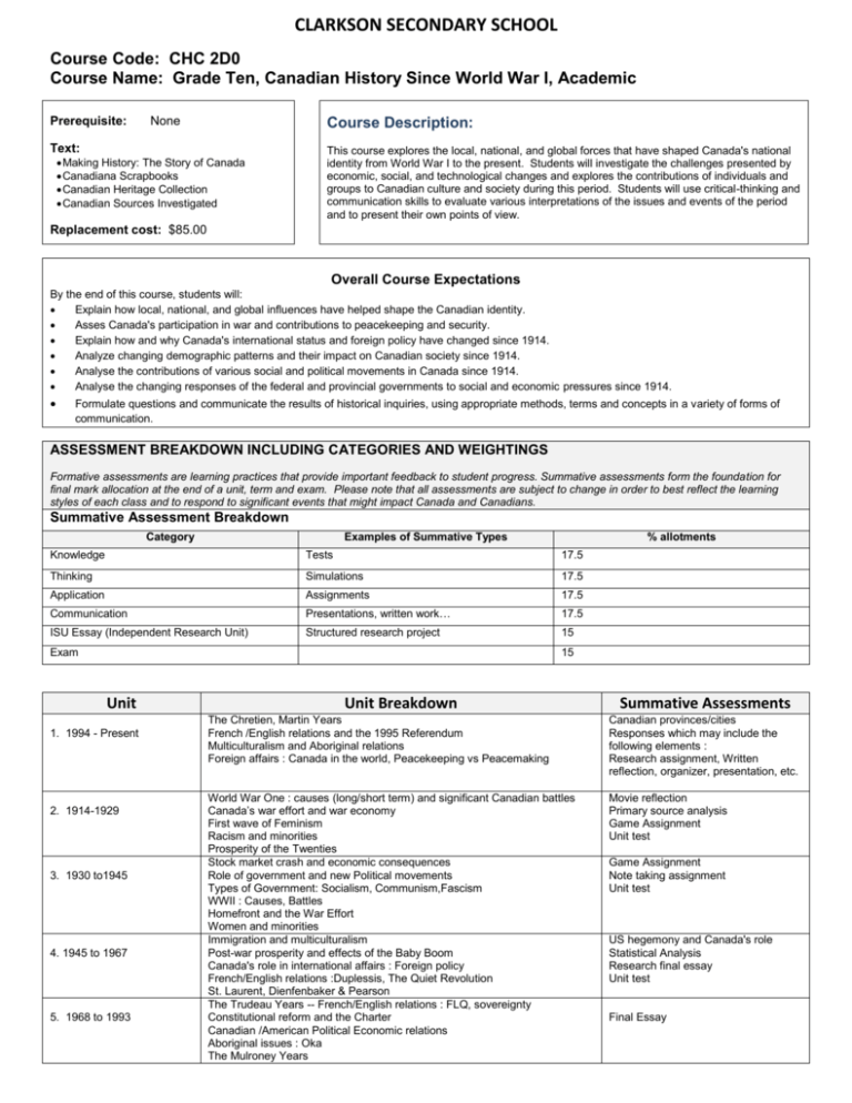 Grade 10 Canadian History Since World War I Academic