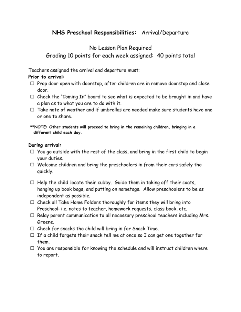 Preschool Job Descriptions