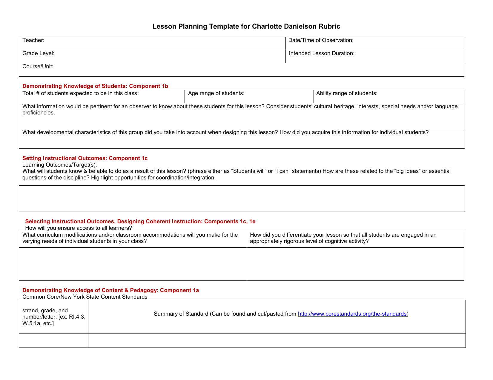 Preobservation Lesson Planning Template Aligned with FFT Rubric