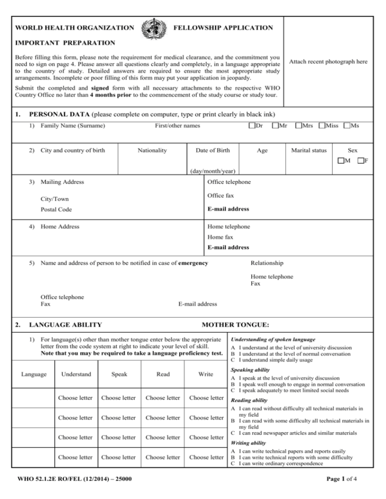 WORLD HEALTH ORGANIZATION FELLOWSHIP APPLICATION