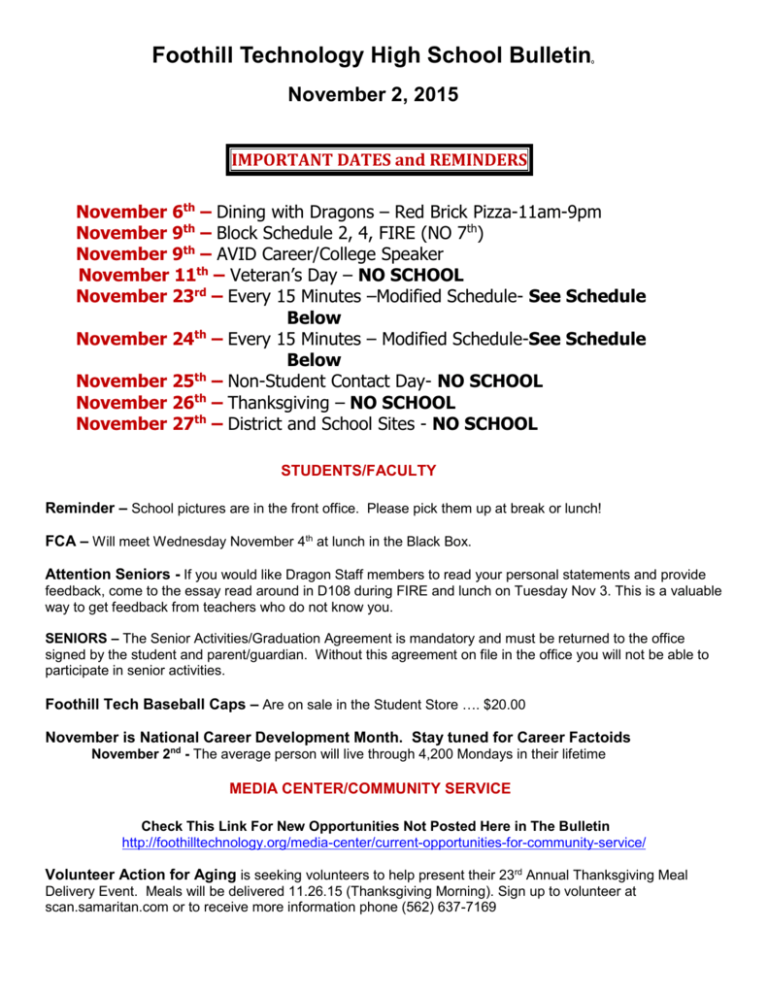 Foothill Technology High School Bulletin November 2B 2015