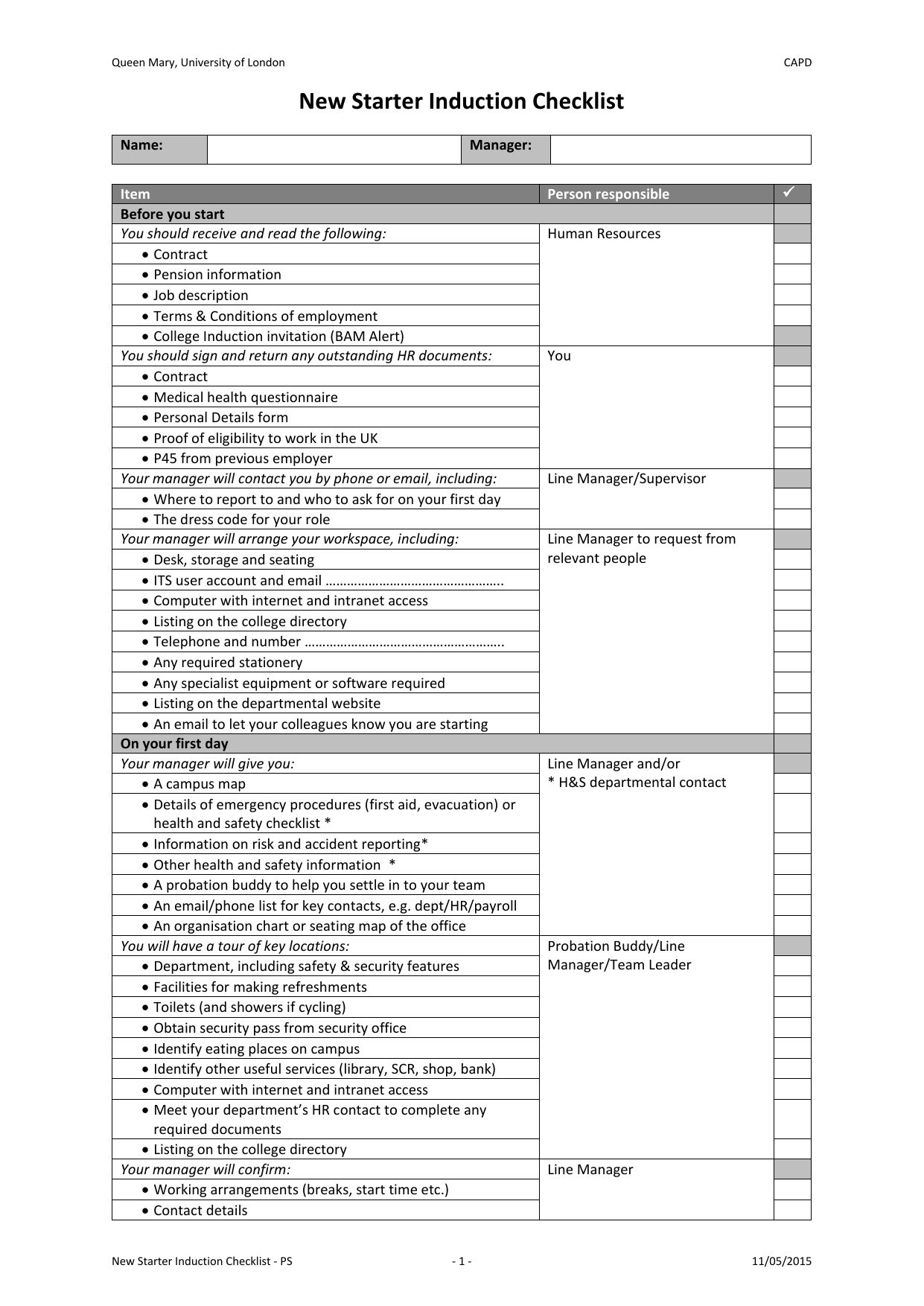 Induction Checklist Human Resources Induction Checklist Human Resources