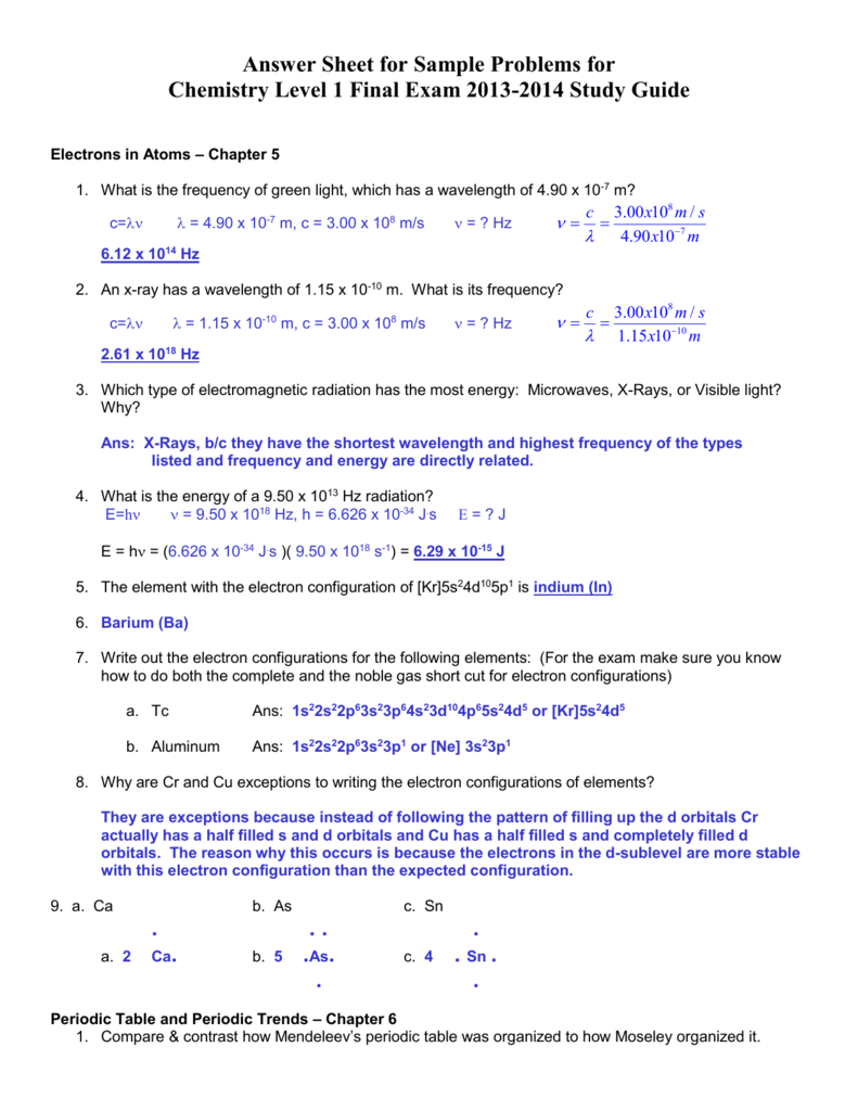 Answer Key Honors Chem Study Guide Final Exam June 2014