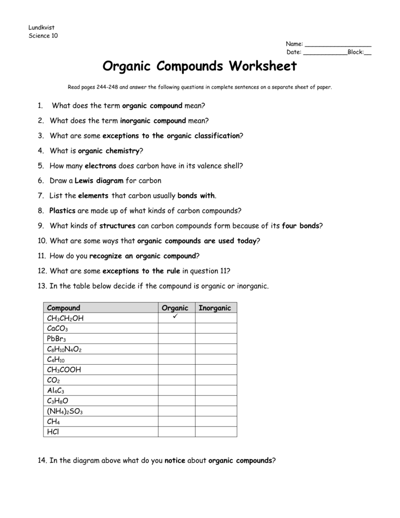 Worksheet Organic Compounds With Organic Molecules Worksheet Answer Key