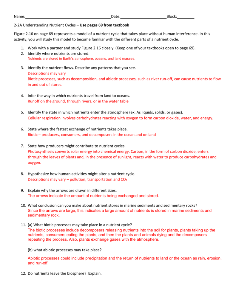 Nutrient cycles answer key Pertaining To Nutrient Cycles Worksheet Answers