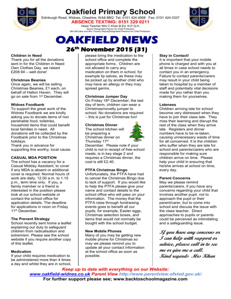 OAKFIELD NEWS 26 th November 2015
