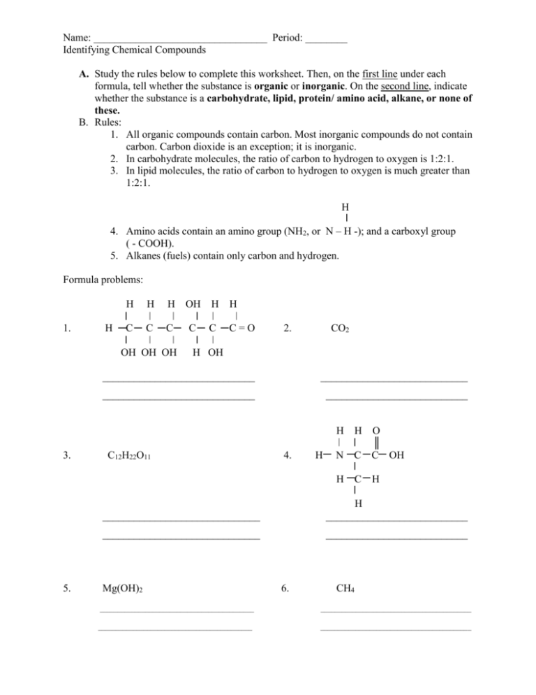 Identifying Chemical Compounds Worksheet