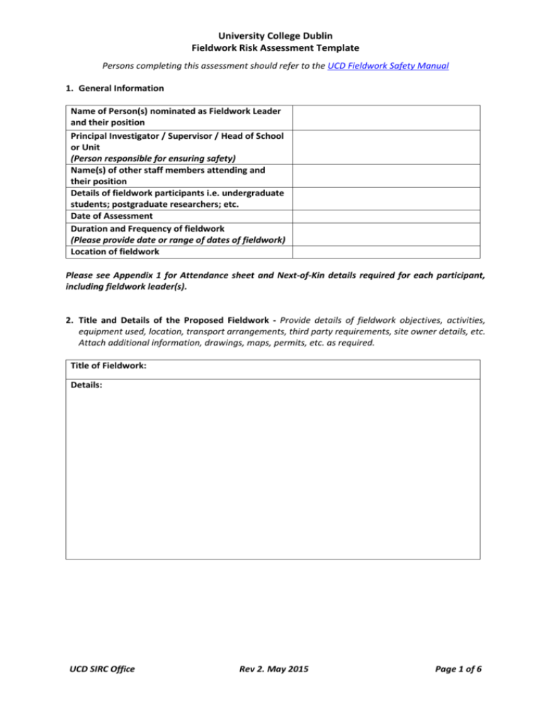 University College Dublin Fieldwork Risk Assessment Template