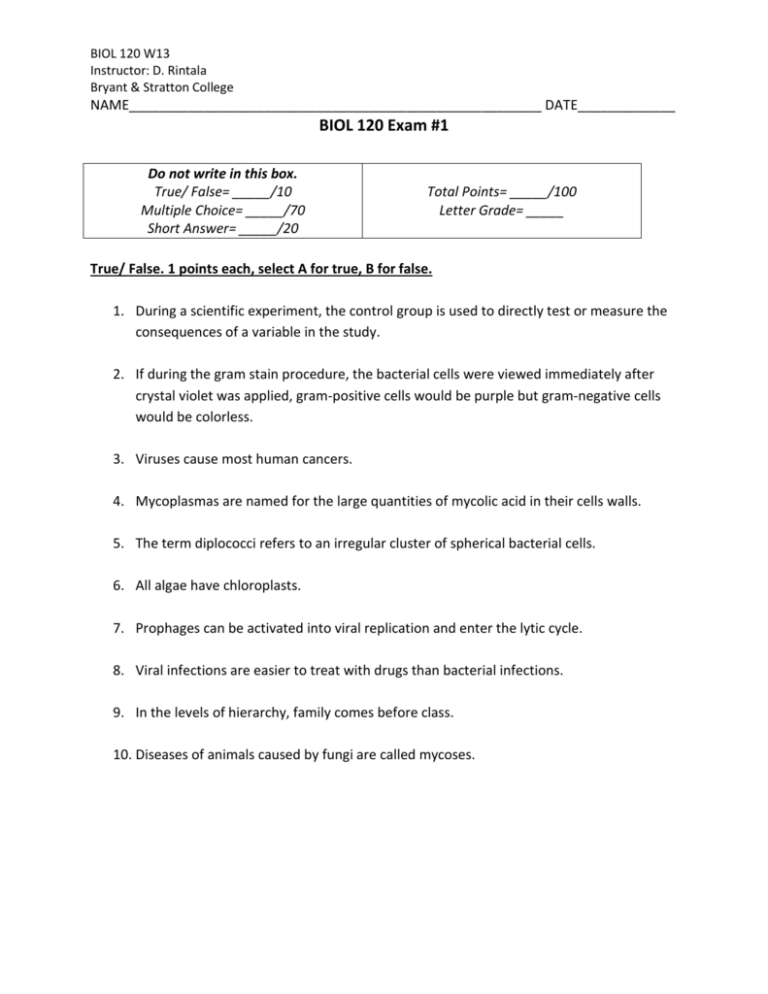BIOL 120 Exam 1