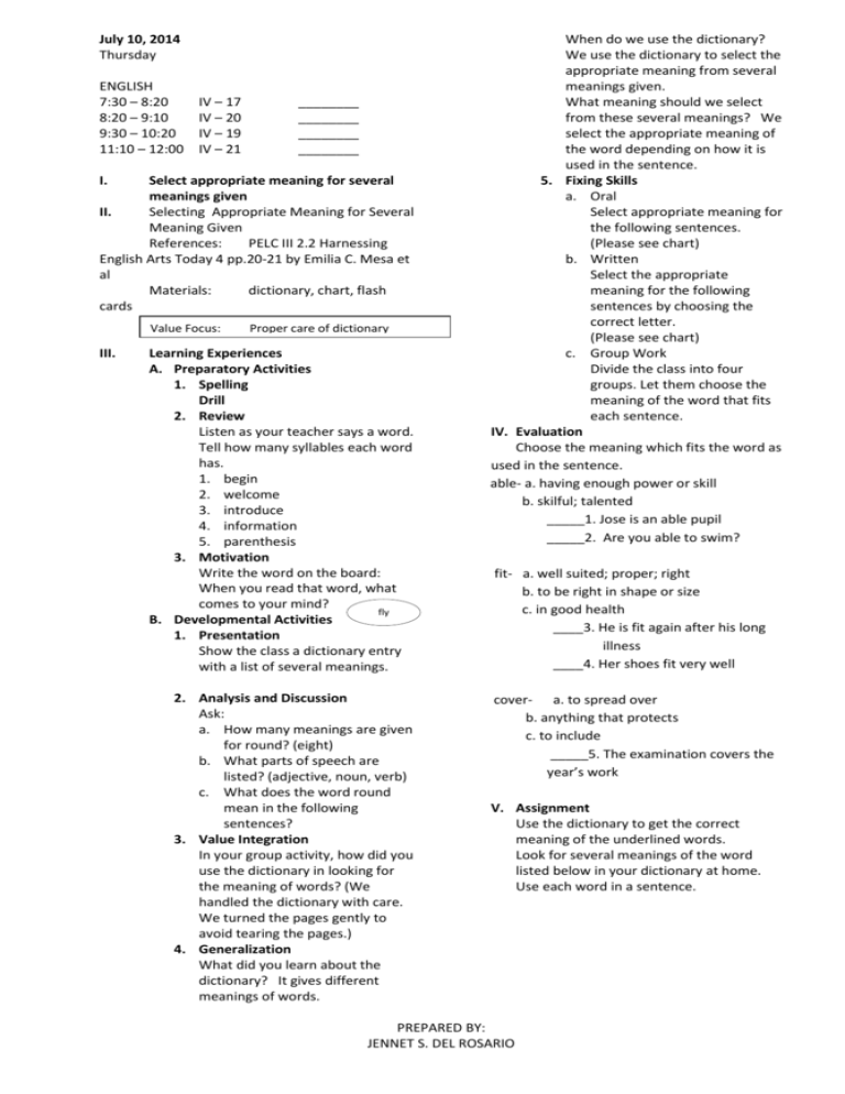 Select appropriate meaning for several meanings