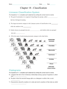 Classification Worksheet: Linnaean, Cladograms, DNA