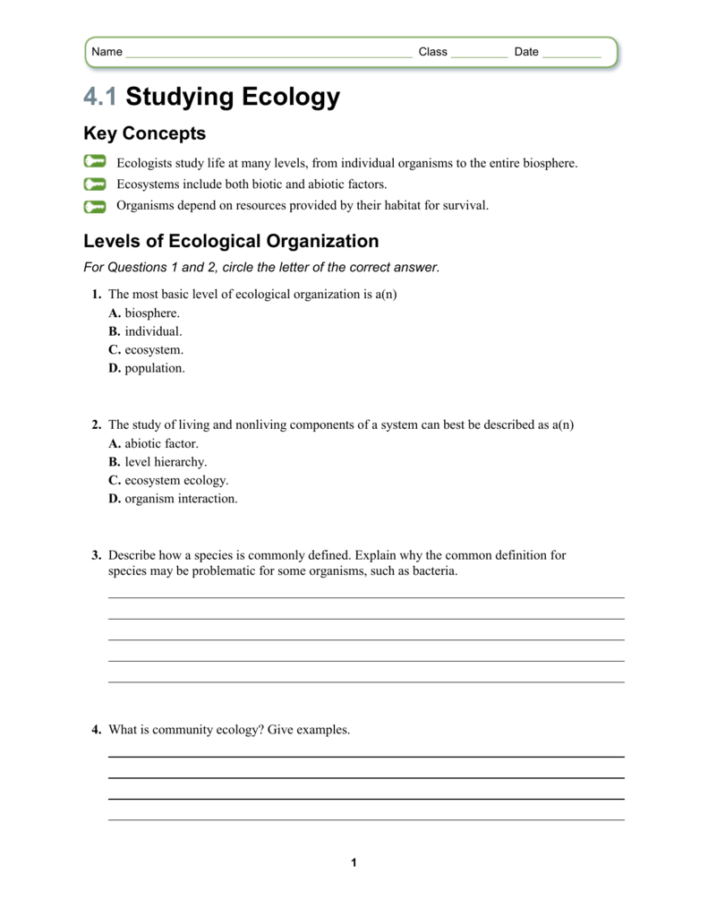 25.25 Studying Ecology Key Concepts Intended For Levels Of Ecological Organization Worksheet