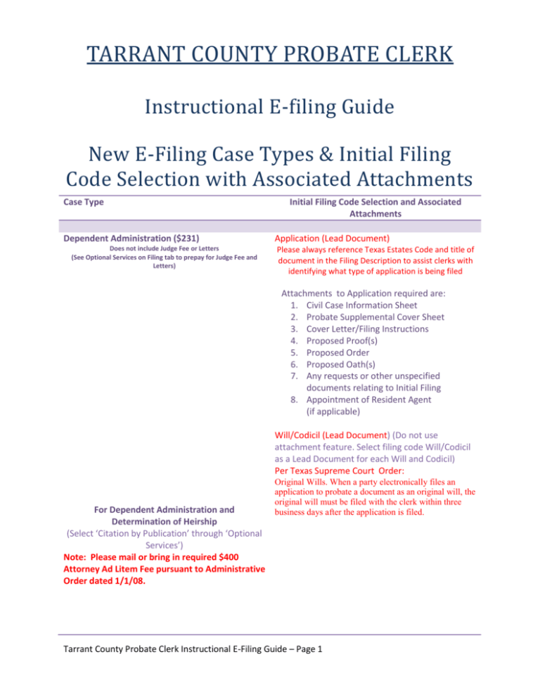New Efiling Case Types & Initial Filing Code