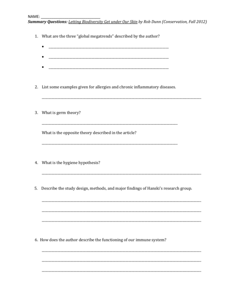 Summary Questions Worksheet