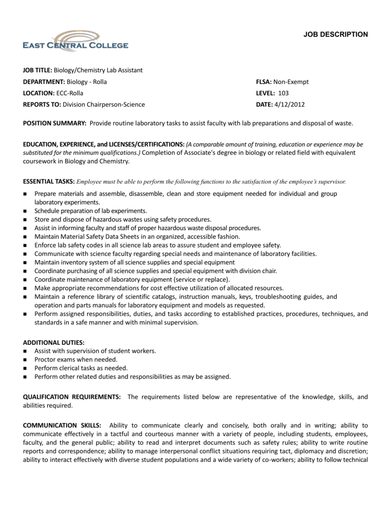 Job Title Biology Lab Assistant