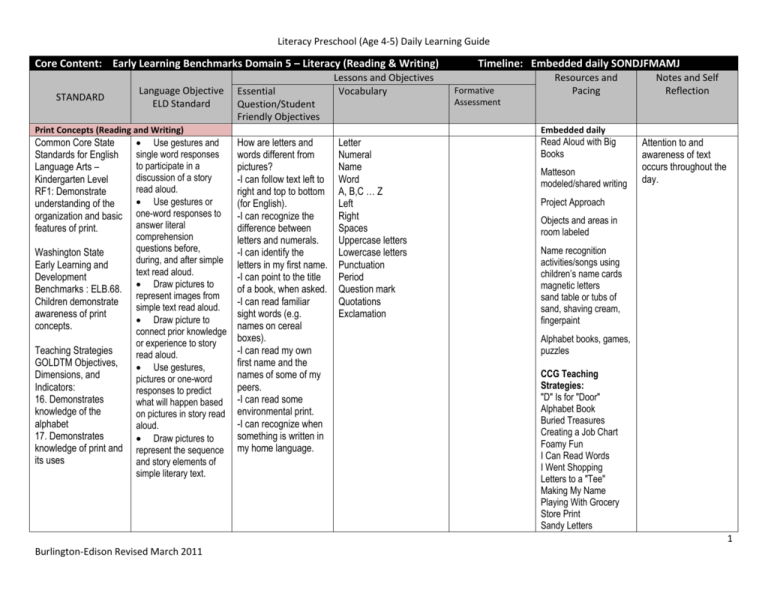 PreSchool Literacy Daily Learning Guide