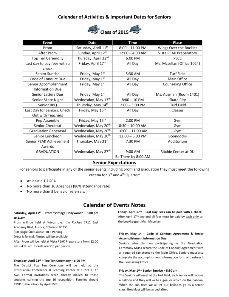 Calendar of Activities - Vista PEAK Preparatory