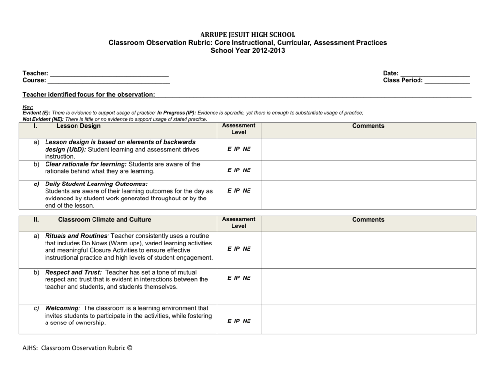 Classroom Observation Rubric