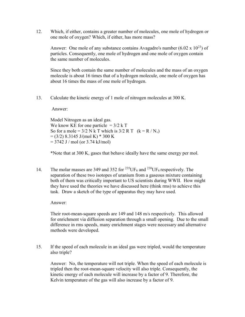 KMT Worksheet Answer Key Part II With Kinetic Molecular Theory Worksheet