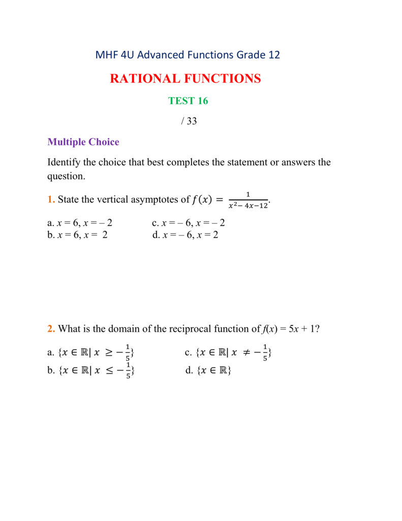 Mhf 4u Rational Functions Test 16