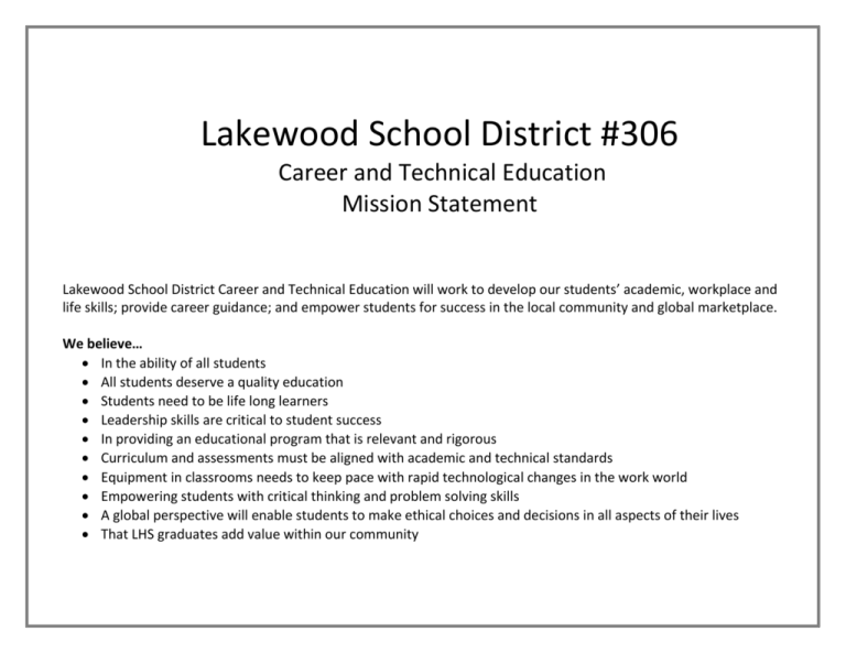 CTE District Plan Lakewood School District