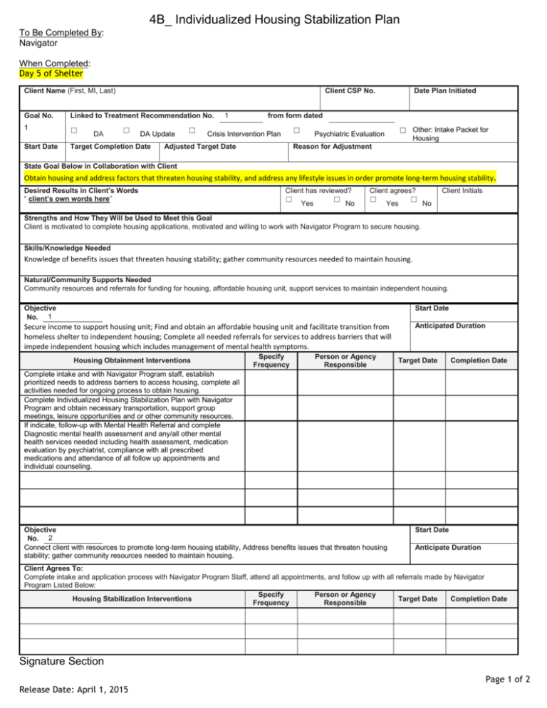 Standardized Individualized Housing Stabilization Plan