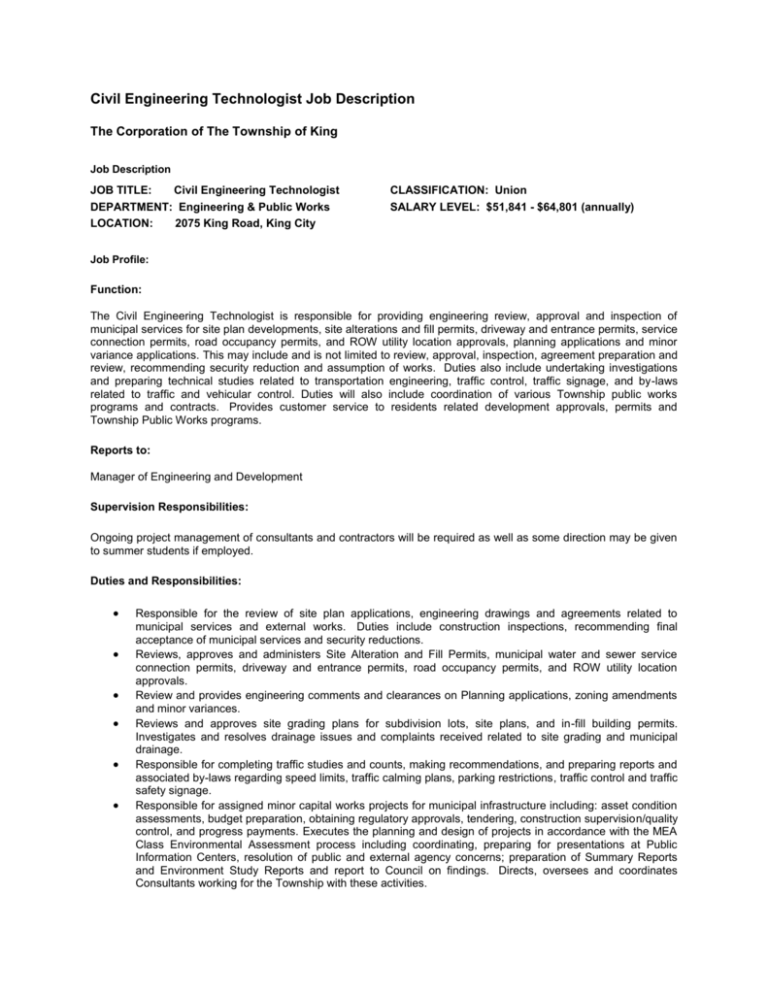 Civil Engineering Technologist Job Description