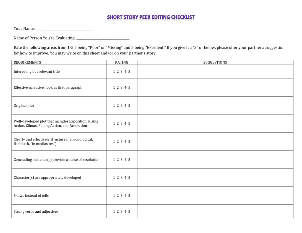 Short Story Peer Editing Checklist