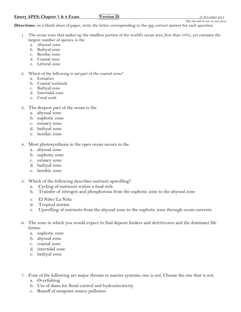 Emery APES Chapter 7 & 8 Exam Version D 25 November 2014