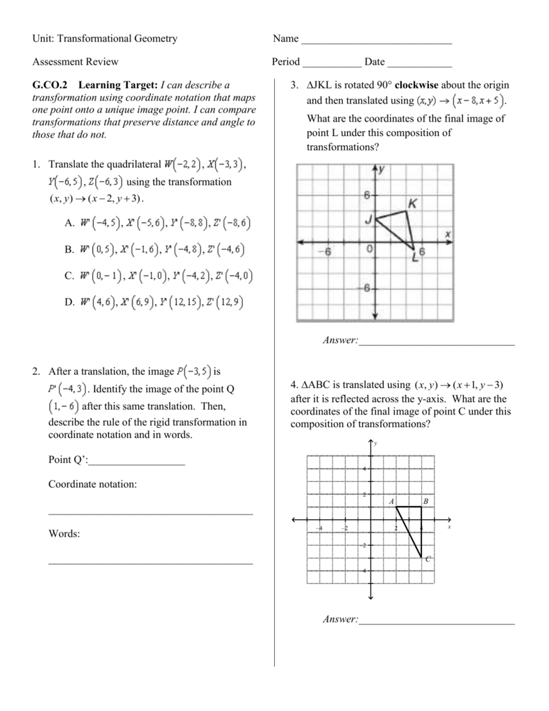 Unit 22 Transformations Geometry Honors With Geometry Transformations Worksheet Answers